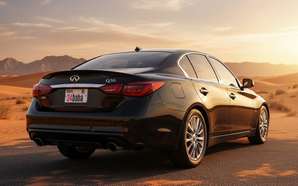 Infiniti Q50 2025 Black rear view showing taillights – rental in Dubai