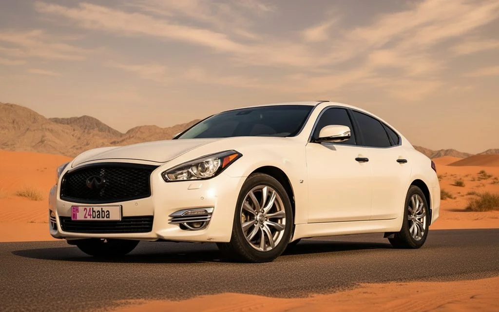 Infiniti Q70 2025 White front view with headlights – rental in Dubai
