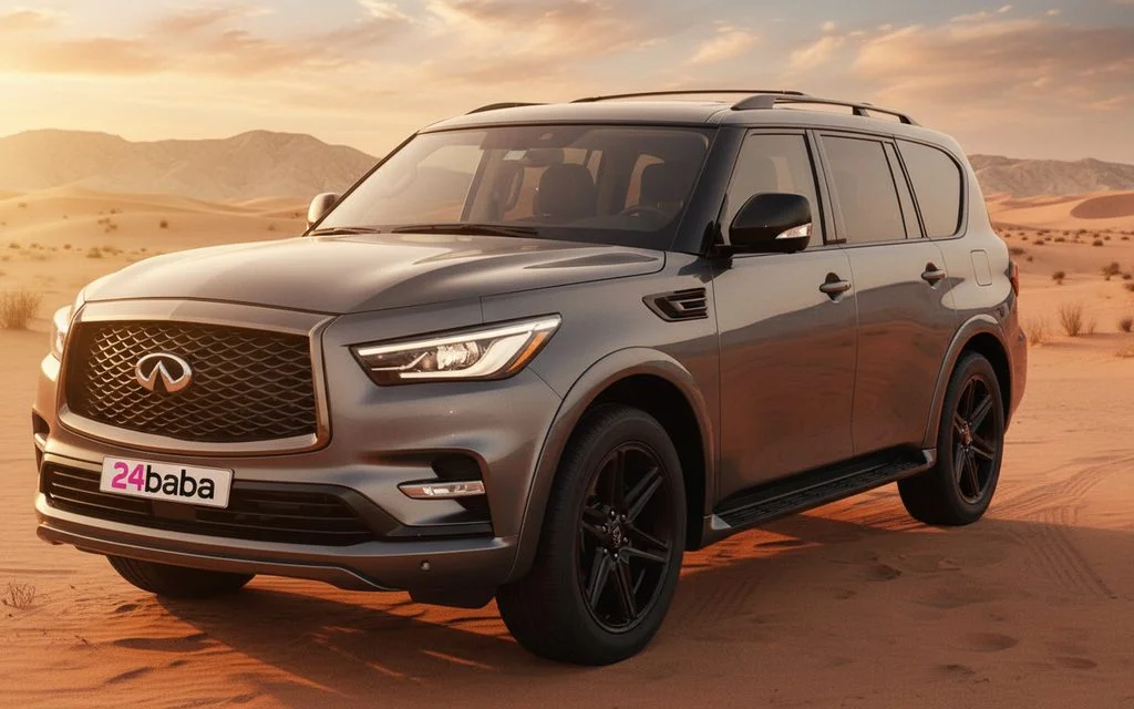 Infiniti Qx80 2021 Grey front view with headlights – rental in Dubai
