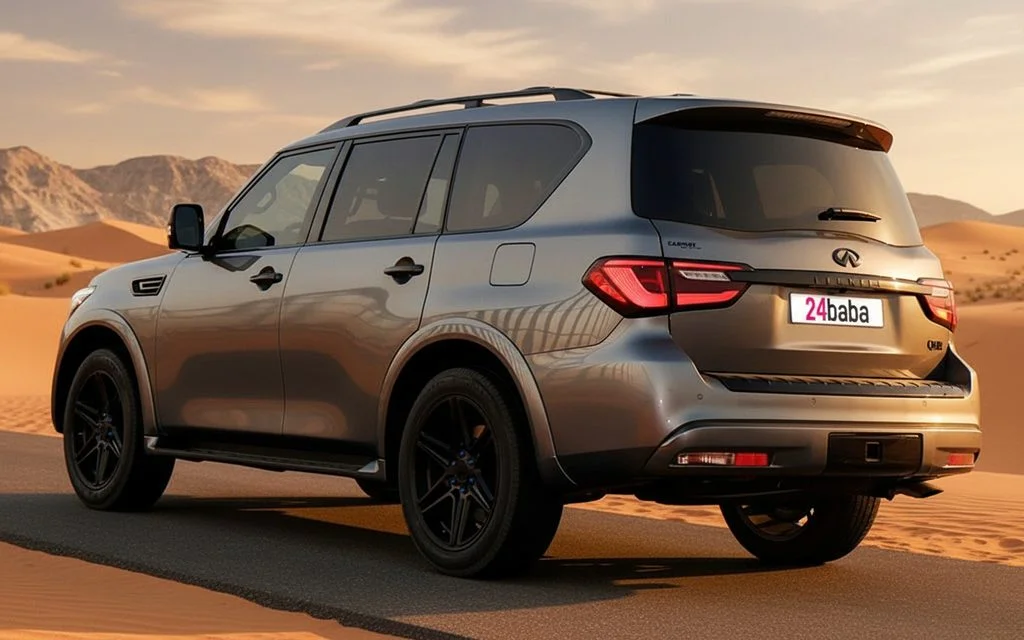 Infiniti Qx80 2021 Grey rear view showing taillights – rental in Dubai