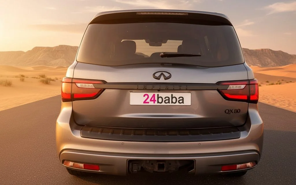 Infiniti Qx80 2021 Grey rear view showing taillights – rental in Dubai