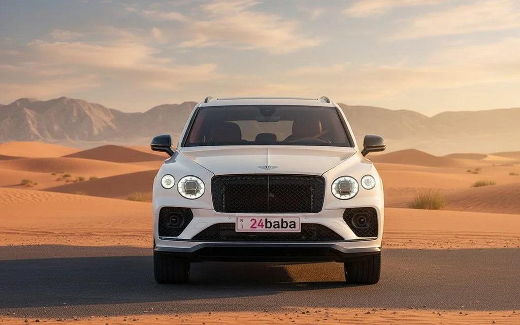 Bentley Bentayga 2023 White front view with headlights – rental in Dubai