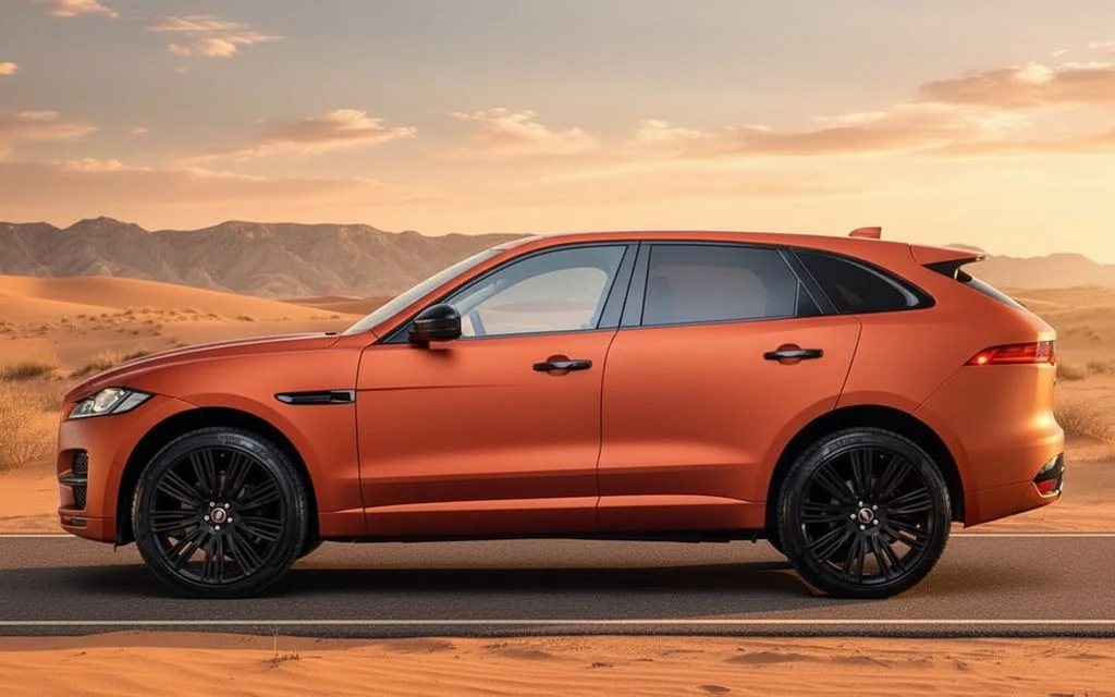Jaguar E Pace 2020 Orange side profile – rental in Dubai