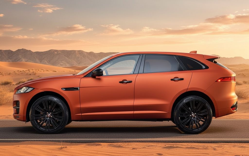 Jaguar E Pace 2020 Orange side profile – rental in Dubai