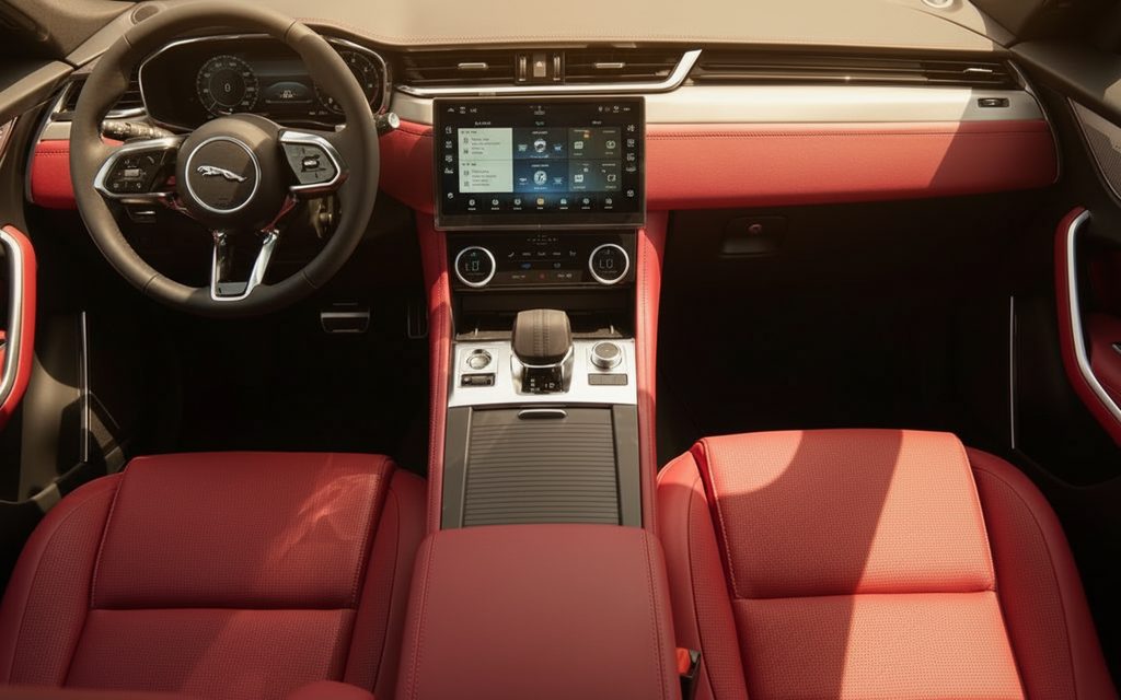 Jaguar F Pace 2025 interior view showing trim – rental in Dubai