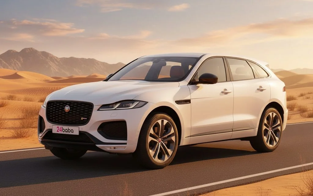 Jaguar F Pace 2025 White front view with headlights – rental in Dubai