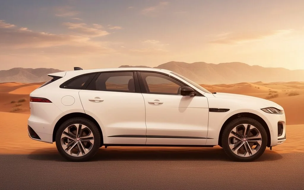 Jaguar F Pace 2025 White side profile – rental in Dubai