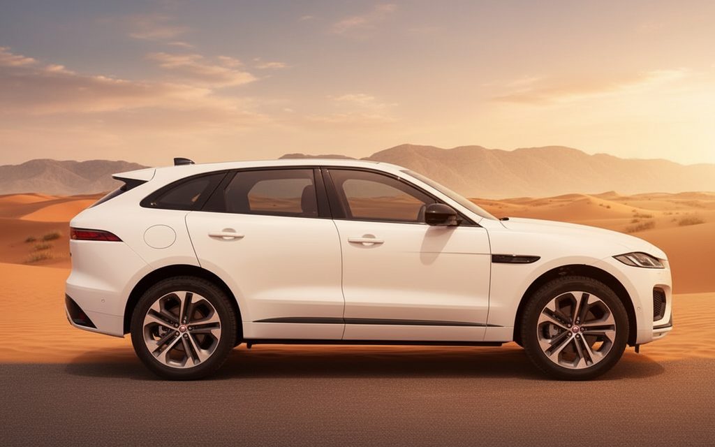 Jaguar F Pace 2025 White side profile – rental in Dubai