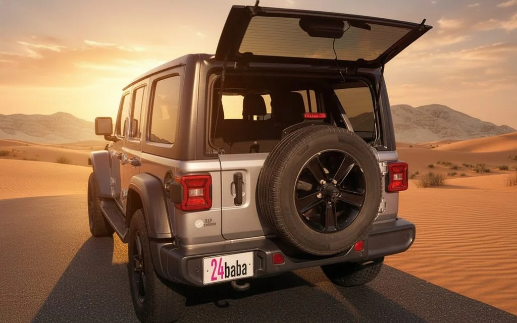 Jeep Wrangler 2021 Grey rear view showing taillights – rental in Dubai