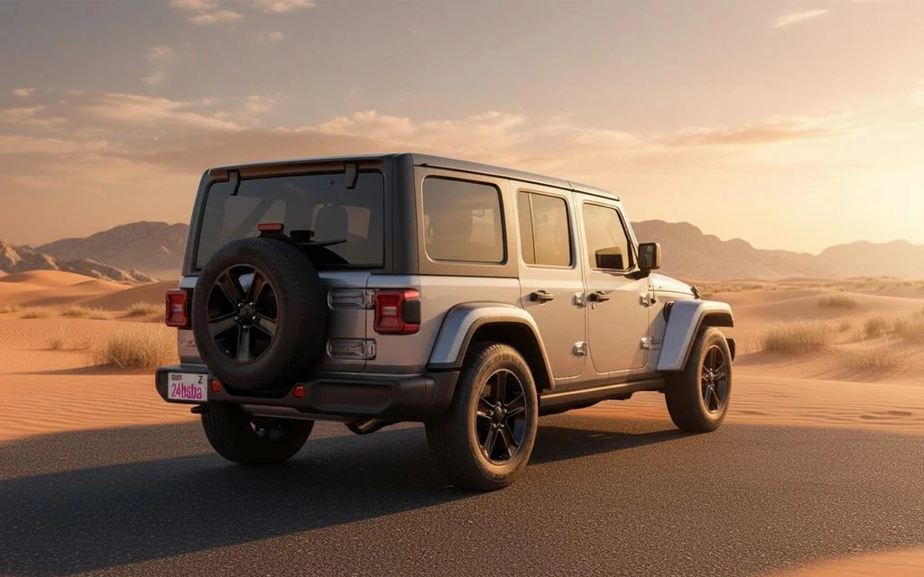 Jeep Wrangler 2021 Grey parked outdoor scene – rental in Dubai