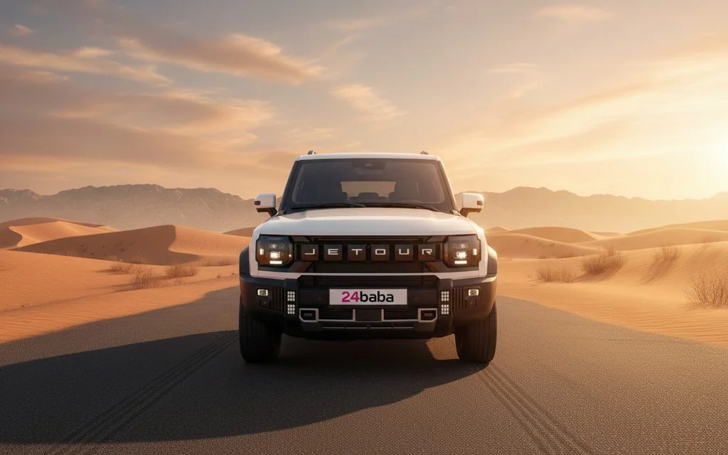 Jetour T2 2026 White front view with headlights – rental in Dubai