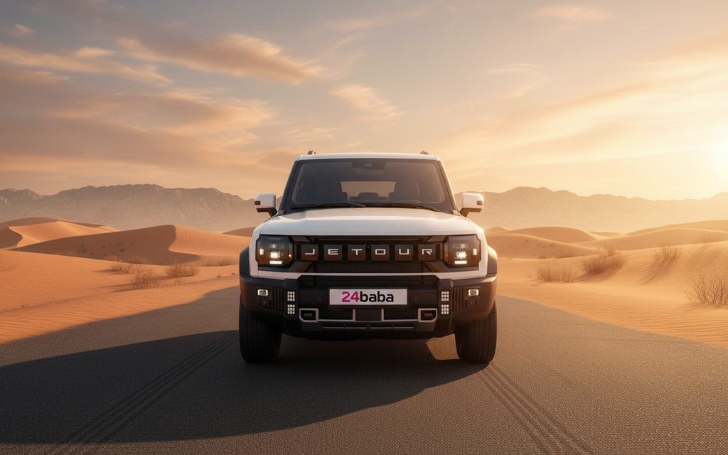 Jetour T2 2026 White front view with headlights – rental in Dubai