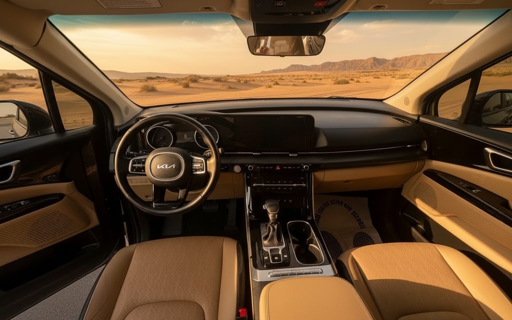 Kia Carnival 2023 interior view showing trim – rental in Dubai