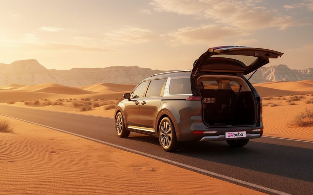 Kia Carnival 2023 Dark Gray rear view showing taillights – rental in Dubai