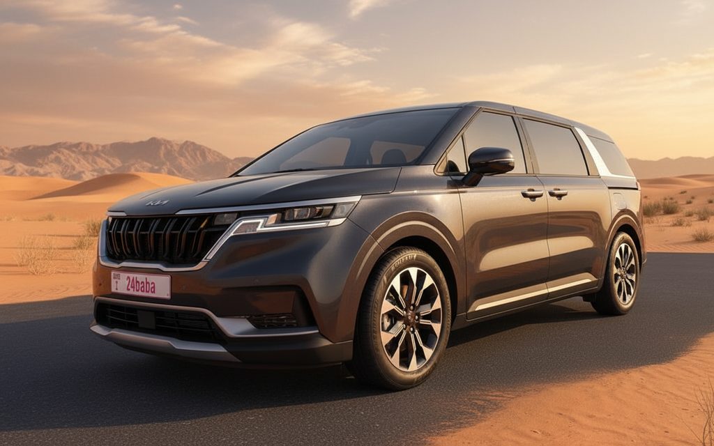 Kia Carnival 2023 Dark Gray front view with headlights – rental in Dubai