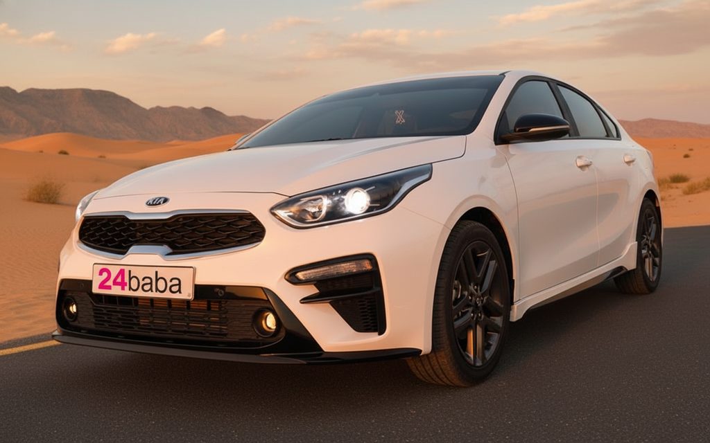 Kia Cerato 2020 White front view with headlights – rental in Dubai