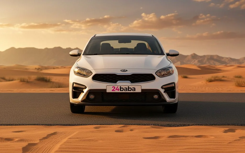 Kia K3 2020 White front view with headlights – rental in Dubai