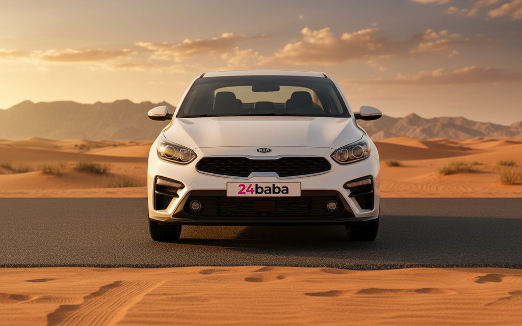 Kia K3 2020 White front view with headlights – rental in Dubai