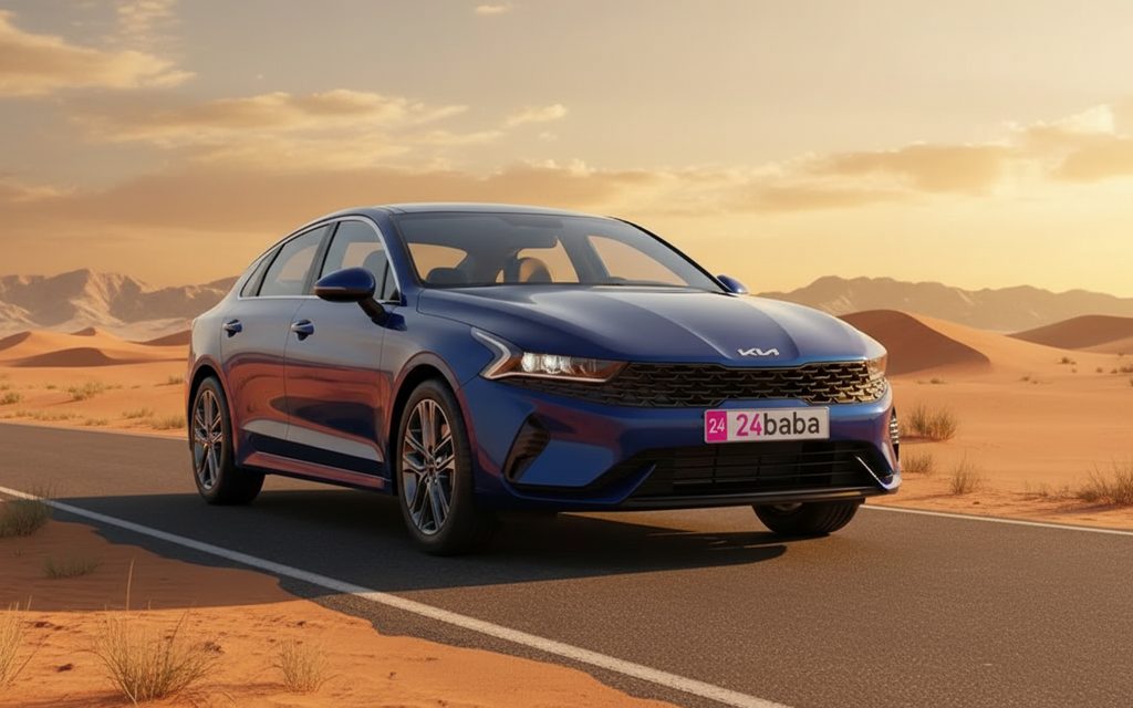 Kia K5 2023 Blue front view with headlights – rental in Dubai