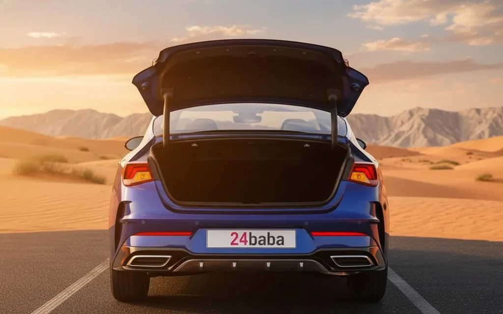 Kia K5 2023 Blue rear view showing taillights – rental in Dubai