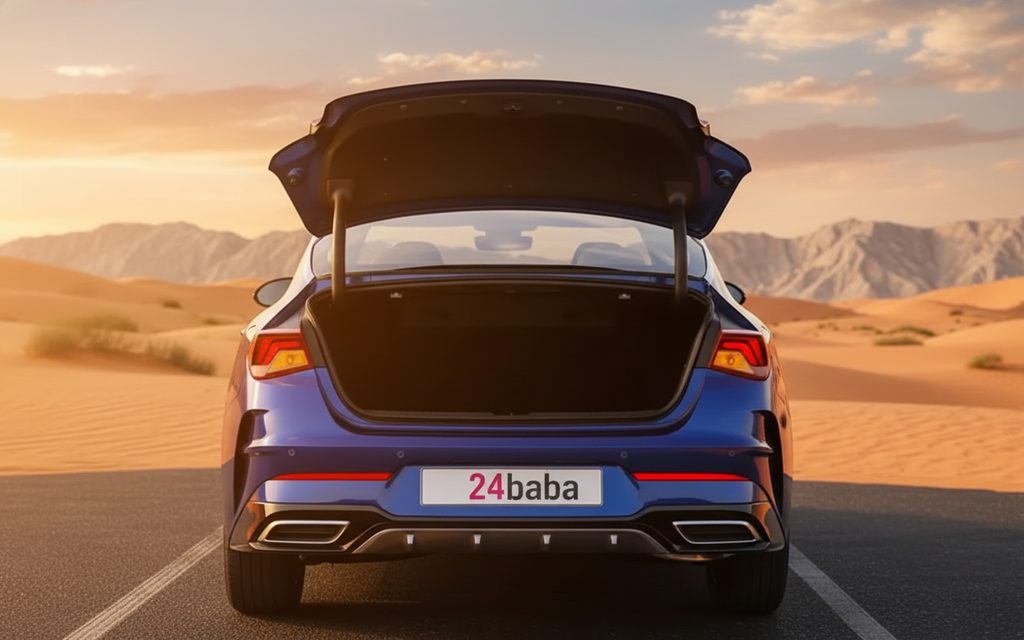 Kia K5 2023 Blue rear view showing taillights – rental in Dubai