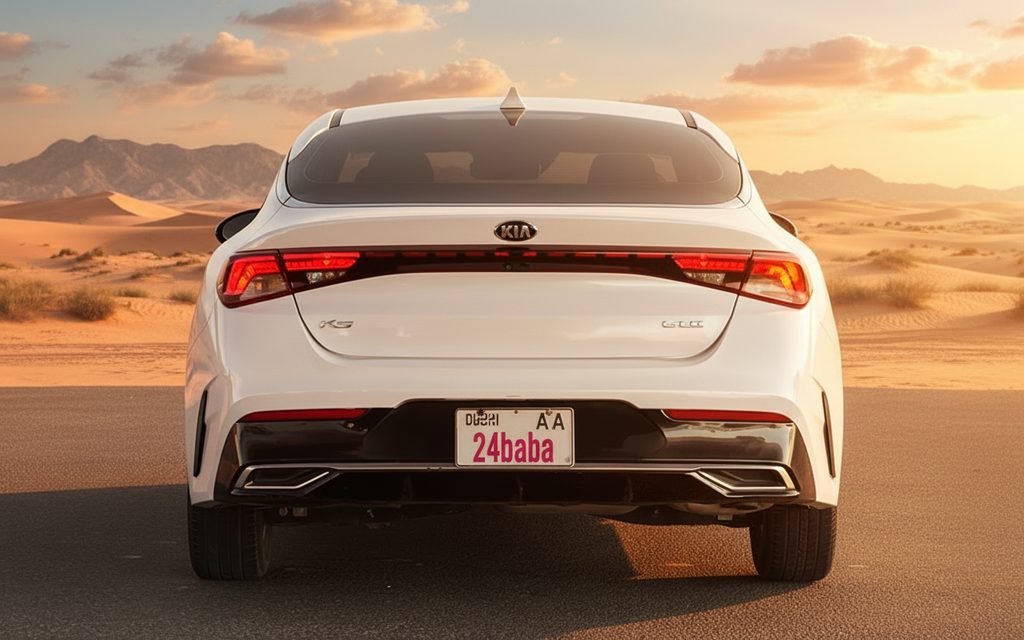 Kia K5 2021 White rear view showing taillights – rental in Dubai
