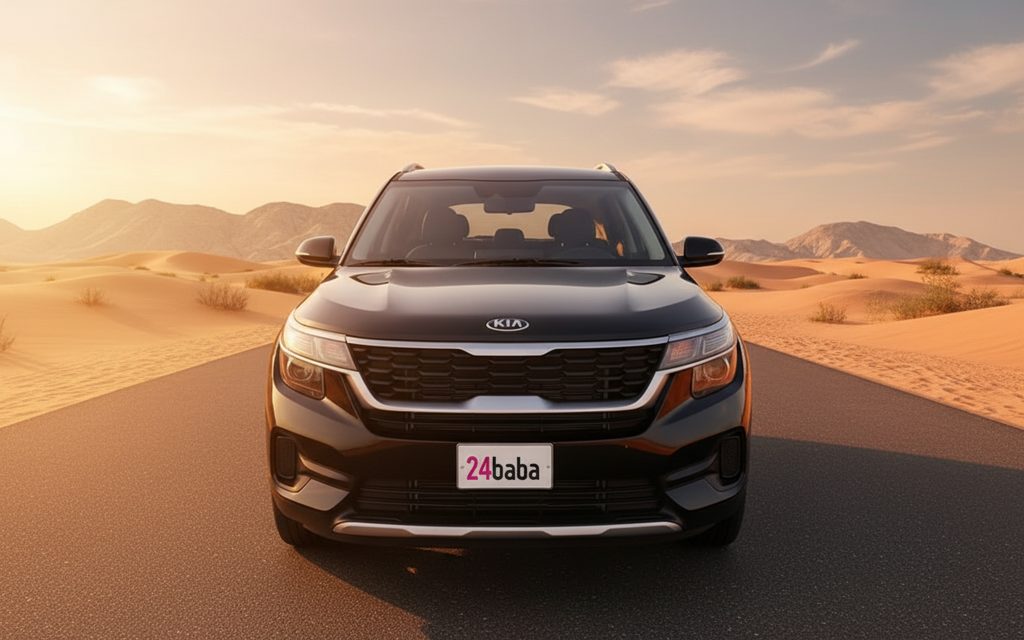 Kia Seltos 2021 Black front view with headlights – rental in Dubai