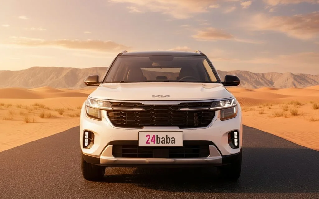 Kia Seltos 2022 White front view with headlights – rental in Dubai