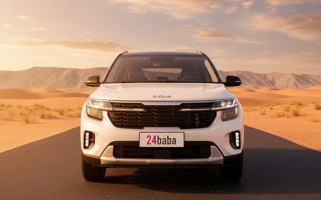 Kia Seltos 2022 White front view with headlights – rental in Dubai