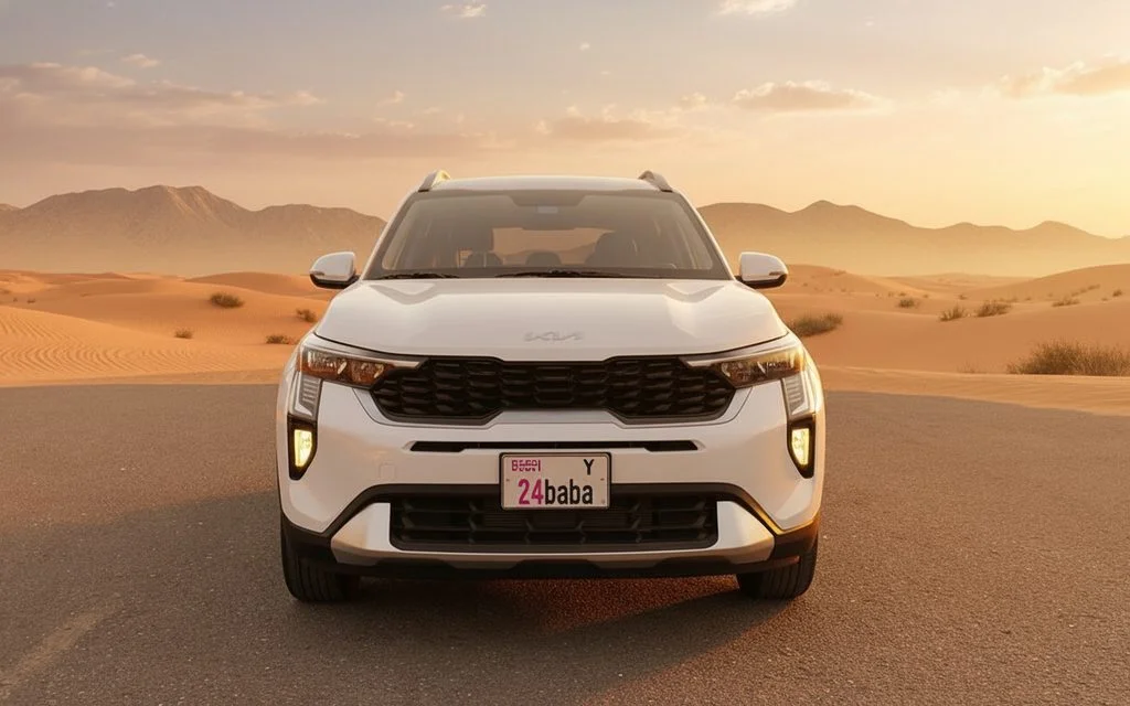 Kia Sonet 2024 White front view with headlights – rental in Dubai