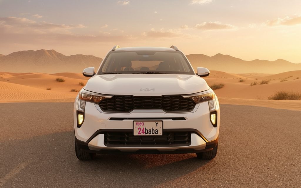 Kia Sonet 2024 White front view with headlights – rental in Dubai