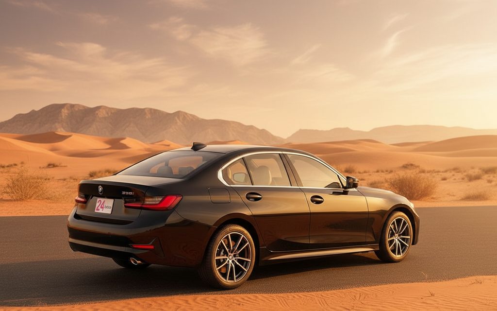 Bmw 330 2021 Black rear view showing taillights – rental in Dubai