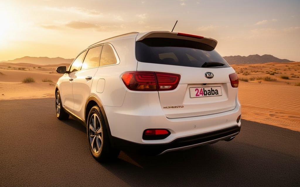 Kia Sorento 2022 White rear view showing taillights – rental in Dubai