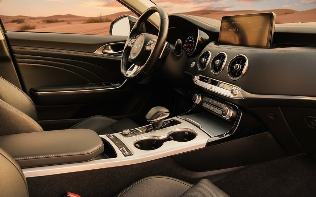 Kia Stinger 2023 interior view showing trim – rental in Dubai