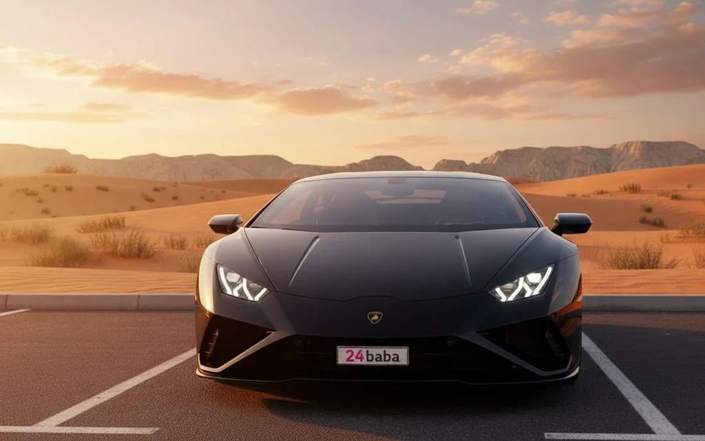 Lamborghini Huracan 2021 Black front view with headlights – rental in Dubai