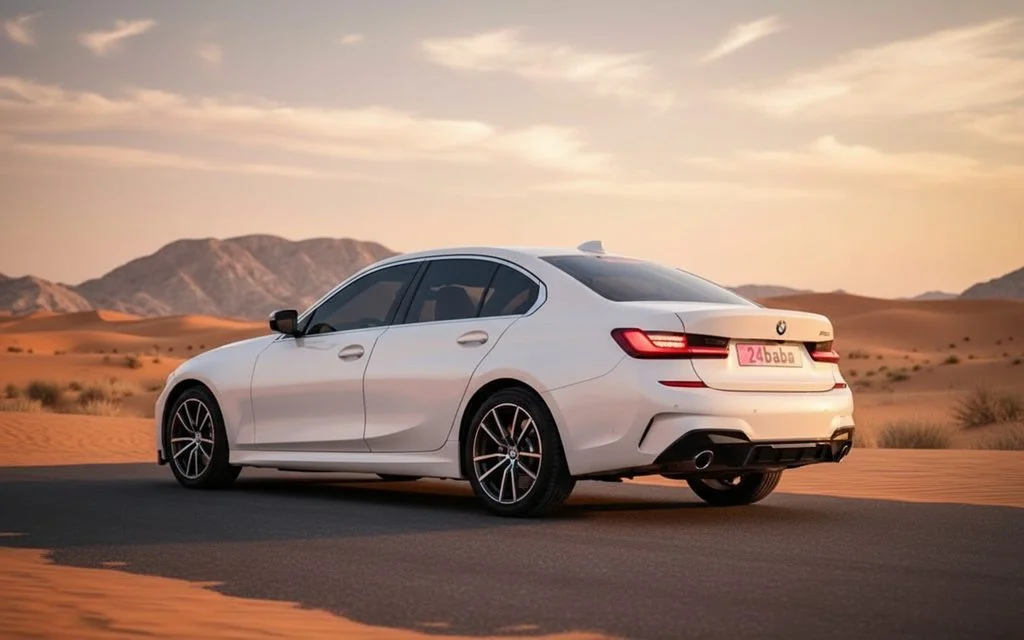 Bmw 330 2020 White rear view showing taillights – rental in Dubai