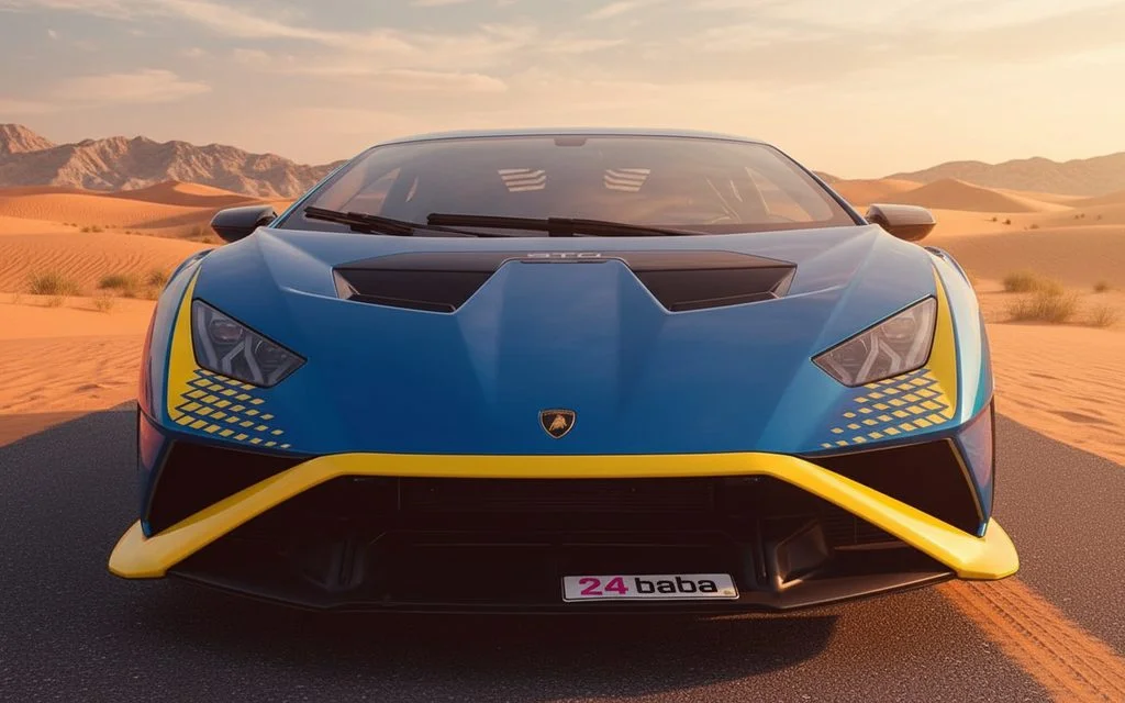 Lamborghini Huracan 2024 Blue front view with headlights – rental in Dubai