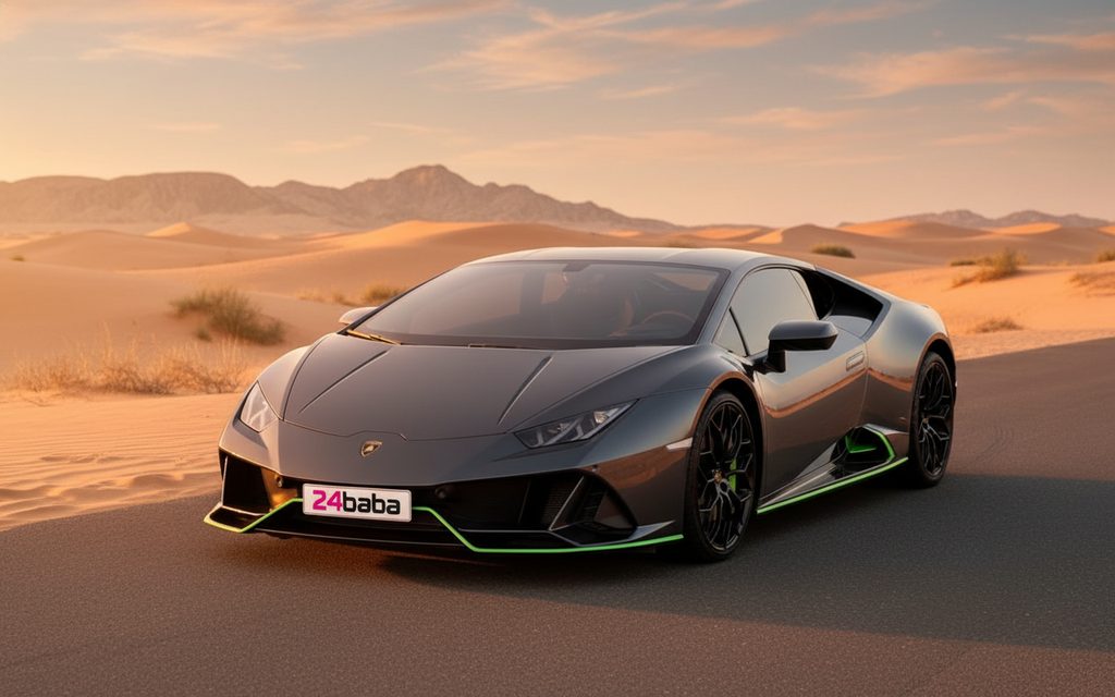 Lamborghini Huracan 2023 Grey front view with headlights – rental in Dubai
