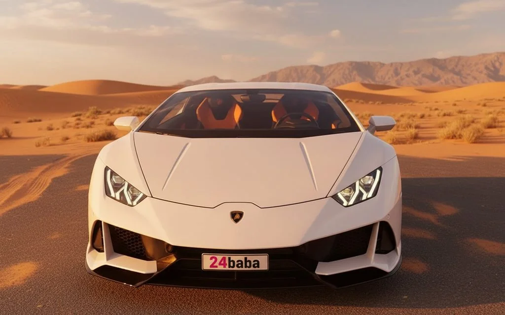 Lamborghini Huracan 2021 White front view with headlights – rental in Dubai