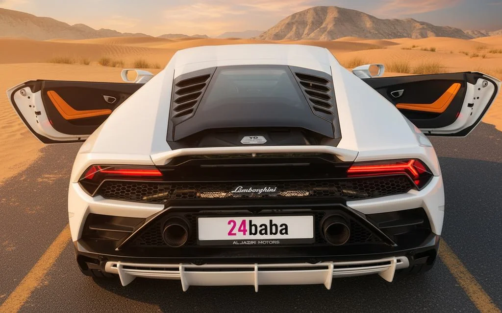 Lamborghini Huracan 2021 White rear view showing taillights – rental in Dubai