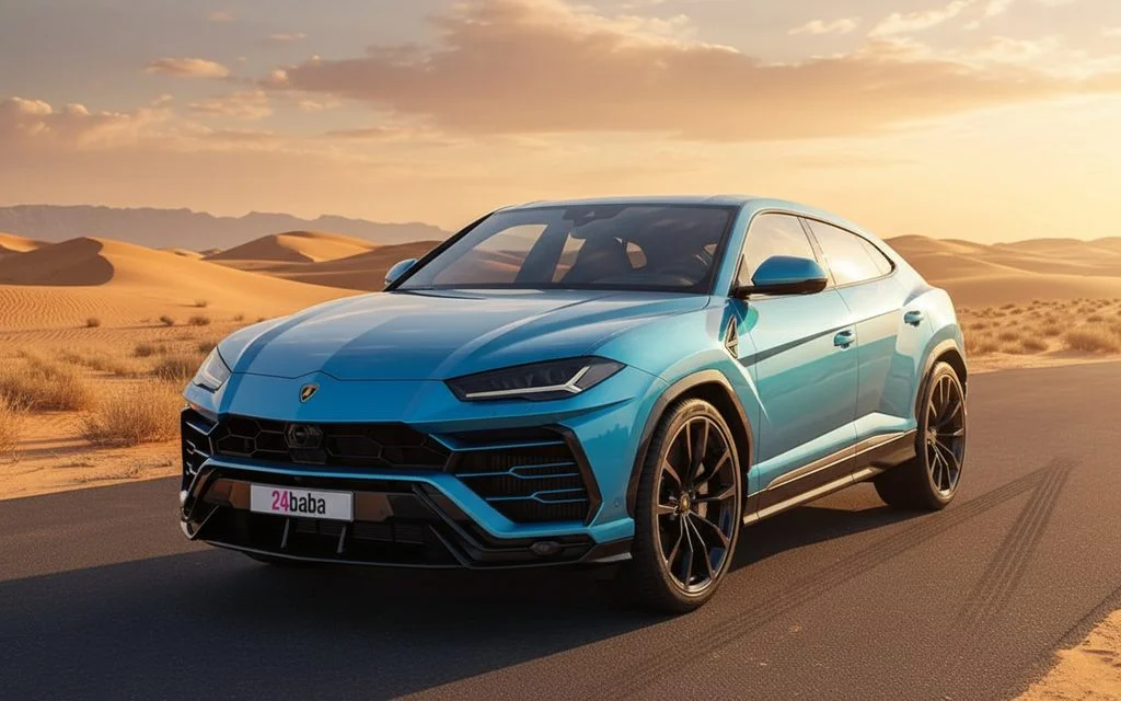 Lamborghini Urus 2022 Blue front view with headlights – rental in Dubai