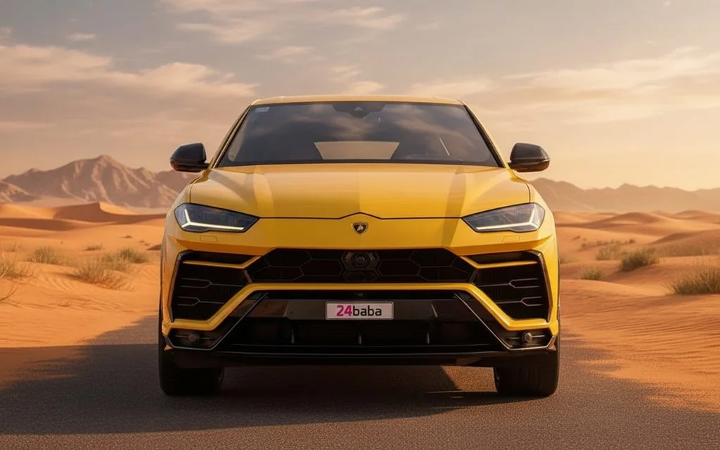 Lamborghini Urus 2022 Yellow front view with headlights – rental in Dubai