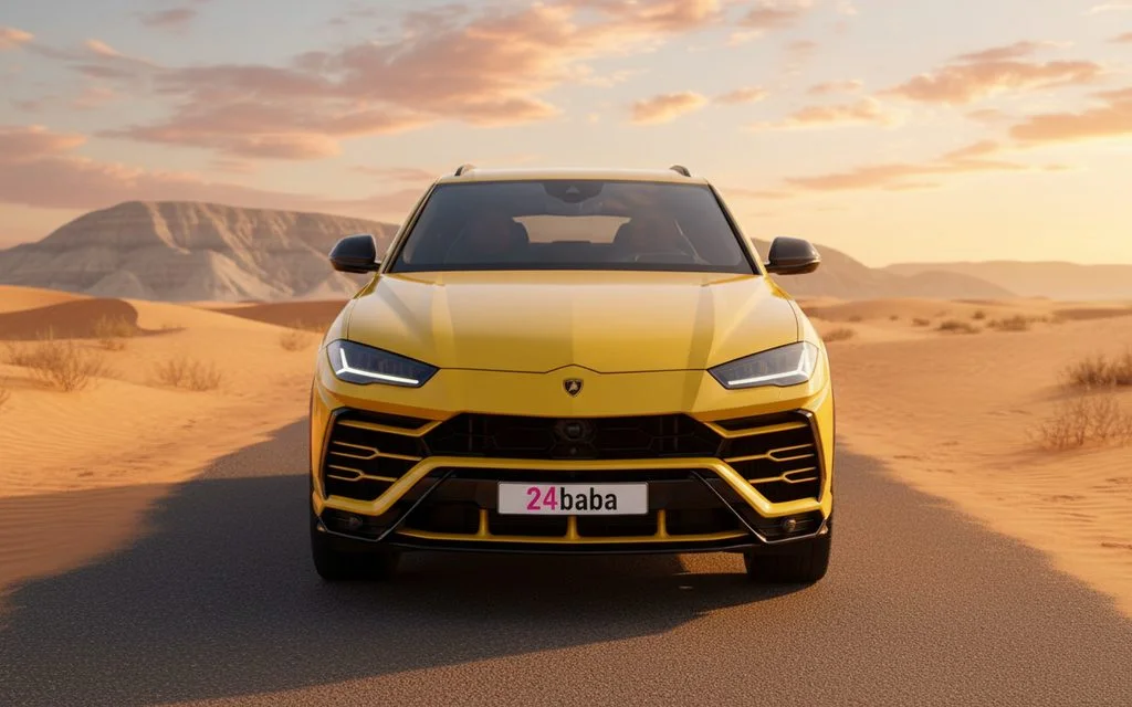 Lamborghini Urus 2023 Yellow front view with headlights – rental in Dubai