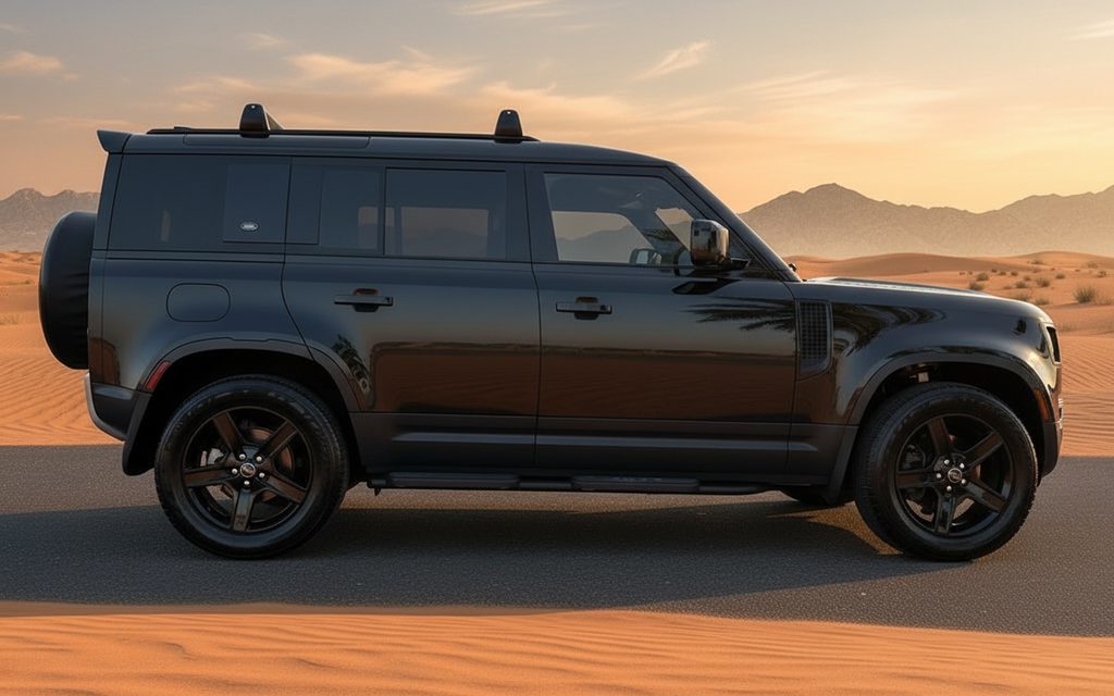 LandRover Defender 2022 Black side profile – rental in Dubai