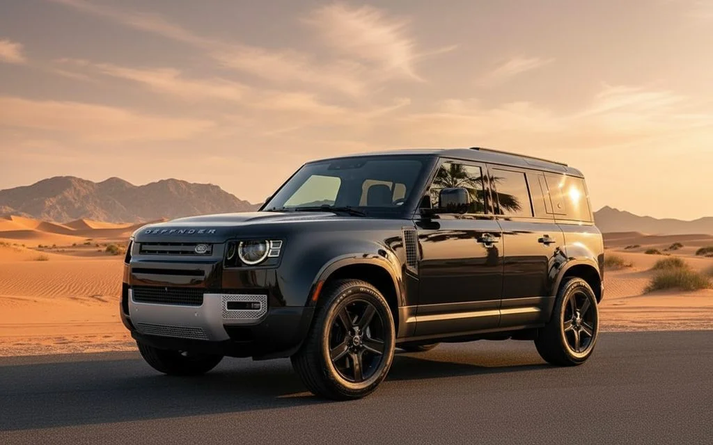 LandRover Defender 2022 Black front view with headlights – rental in Dubai