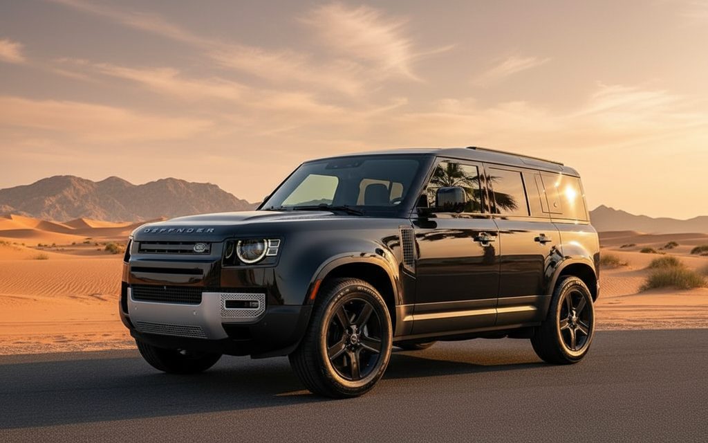 LandRover Defender 2022 Black front view with headlights – rental in Dubai