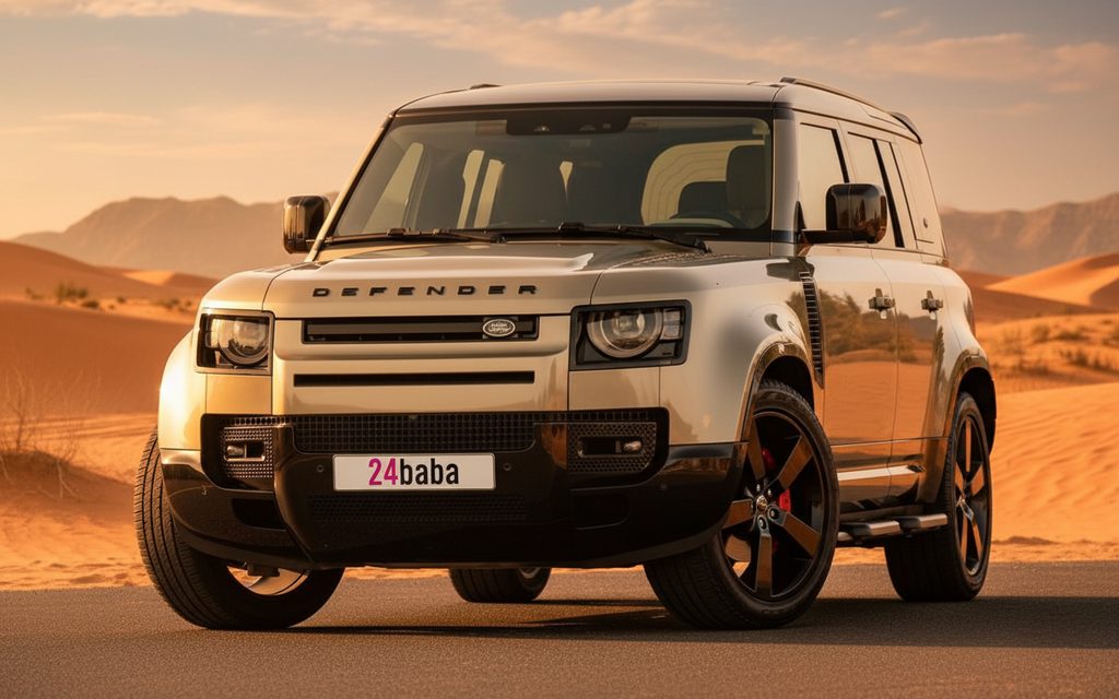 LandRover Defender 2022 Silver front view with headlights – rental in Dubai