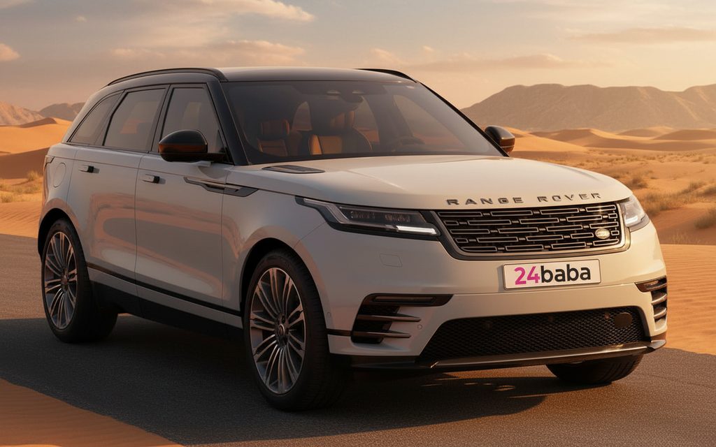 LandRover RangeRoverVelar 2025 Grey front view with headlights – rental in Dubai