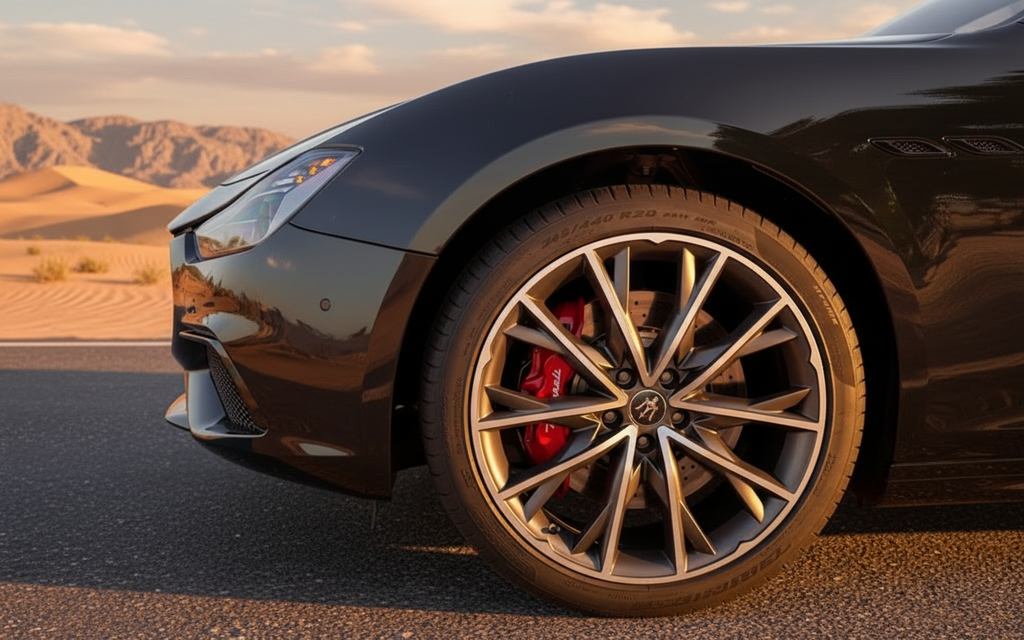 Maserati Ghibli 2023 alloy wheel close up – rental in Dubai