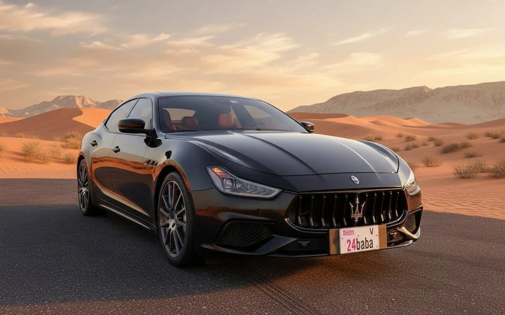 Maserati Ghibli 2023 Black front view with headlights – rental in Dubai